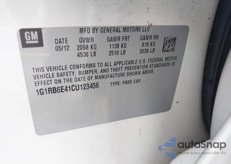 2012 Chevrolet Volt z USA, uszkodzony, nr VIN 1G1RB6E41CU123456